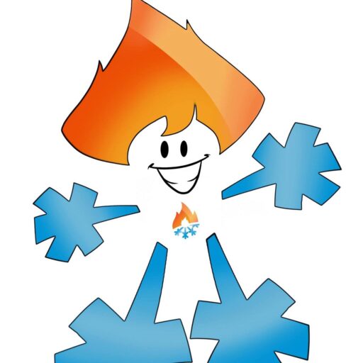 A playful yet professional logo featuring a smiling character with a flame-shaped head and snowflake-shaped arms and legs, representing heating and cooling expertise.