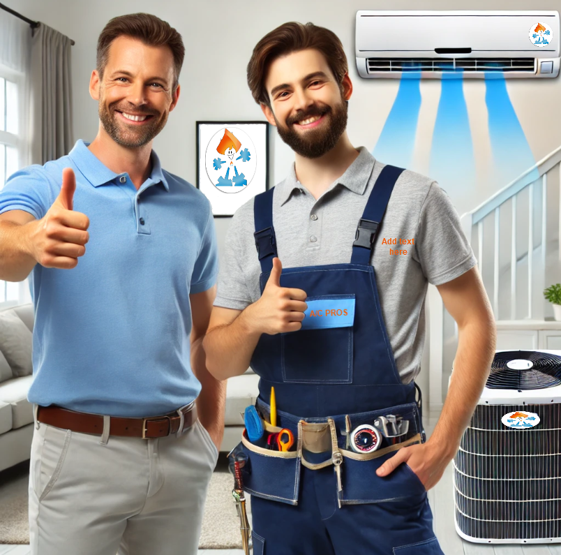 A professional HVAC technician giving a thumbs-up while standing next to a satisfied homeowner, with a well-maintained air conditioning unit in the background.