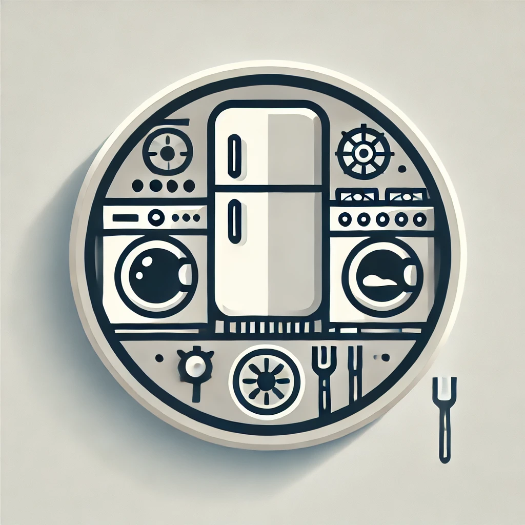 A minimalistic appliance repair service icon featuring a refrigerator, washing machine, stove, and dishwasher inside a circular badge.