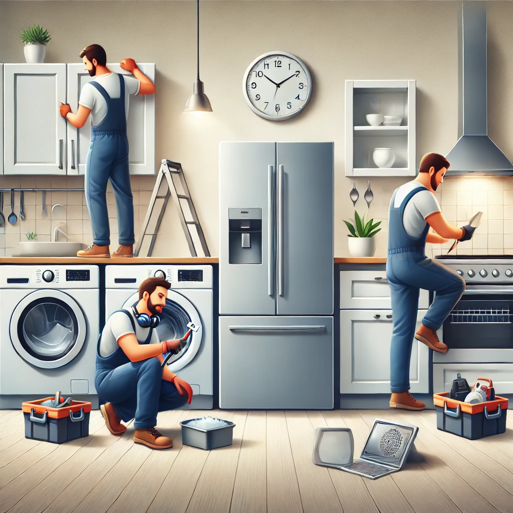 A professional technician repairing a refrigerator, another working on a washer and dryer, and an oven technician fixing a stove, with a dishwasher repair in the background.