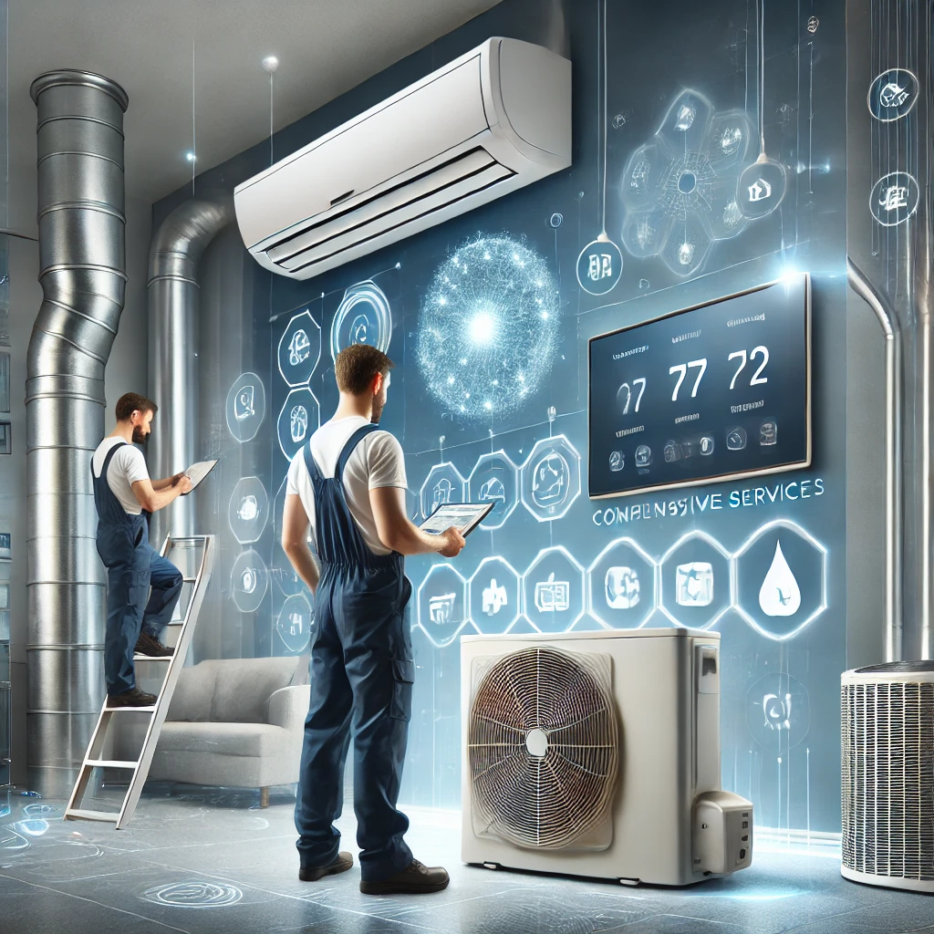  An HVAC technician working on an air conditioning unit, another inspecting a furnace, and a smart thermostat display in the background.