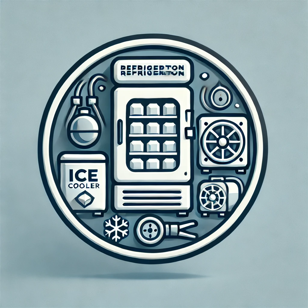 A minimalistic refrigeration service icon featuring a walk-in cooler, ice machine, refrigerant leak detection tool, and compressor system inside a circular badge.